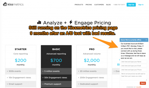 Kissmetrics Life Chat Tool on Pricing Page